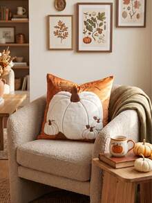 Cirelle 1pc/2pcs Fall Harvest Faux Rabbit Fur White Pumpkin Throw Pillow Covers, Multi‑Pumpkin & Maple Leaf Embroidery Applique Square Cushion Cases, Vintage Rustic Farmhouse Thanksgiving Decor For Sofa Bedroom Couch, Pillow Insert Not Included - White velvet size pumpkin caramel color - View 3