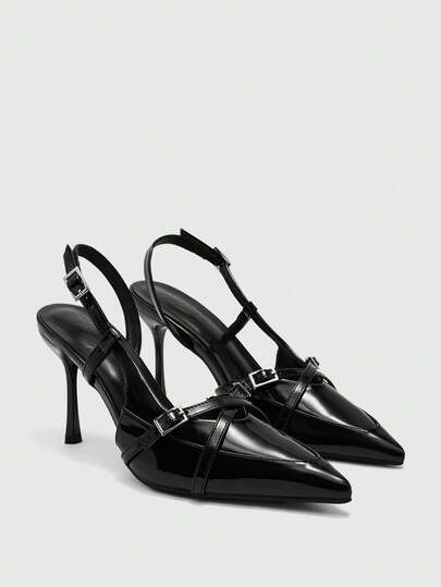 CUCCOO BIZCHIC Pointed Toe High Heel Patent Leather Black Cross Strap Fashion Sexy British Style Mule Backless Pumps