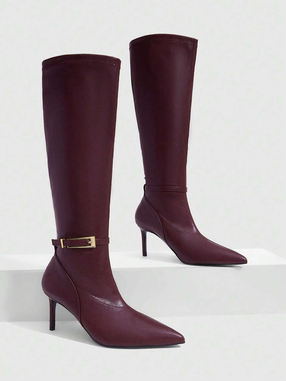 CUCCOO SZL Pointed Thin Heel Metal Belt Buckle But Knee Boots Autumn And Winter New Soft Leather Thin Commuting Big Tube Circumference Temperament Versatile