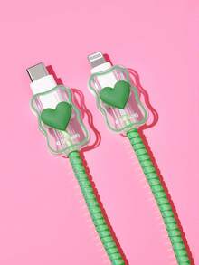 THE POWERPUFF GIRLS X SHEIN Data Cable Protector, Suitable For IPhone Charger, 4-Piece Set Of Mobile Phone Cable Protectors, Charger Protector (Excluding Data Cable) - Buttercup-Green - View 7