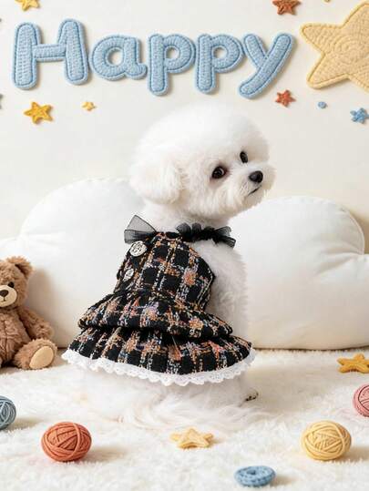 PETSIN 1pc Small Fragrant Wind Coarse Floral Pet Strap Dress Multi Layer Lotus Leaf Lace Autumn Small Dog Dress Cat And Dog Universal Clothing, Retro Sweet Multi Layer Version, Suitable For Party, Photography, And Daily Dressing