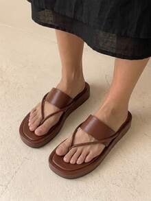 HighSole Women's Minimalist Strap Design Square Toe Platform Slip-On Sandals, Brown, Soft & Comfortable, Non-Slip, Suitable For Casual, Commuting, Shopping, Beach, Vacation, Versatile Summer Outfit Summer Shoes - Brown - View 6