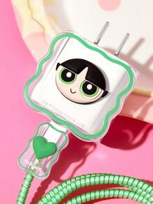 THE POWERPUFF GIRLS X SHEIN Data Cable Protector, Suitable For IPhone Charger, 4-Piece Set Of Mobile Phone Cable Protectors, Charger Protector (Excluding Data Cable) - Buttercup-Green - View 2