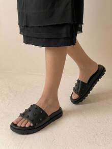 HighSole 女士夏季休闲纯色串珠平底乐福鞋 - 黑色 - 查看 7