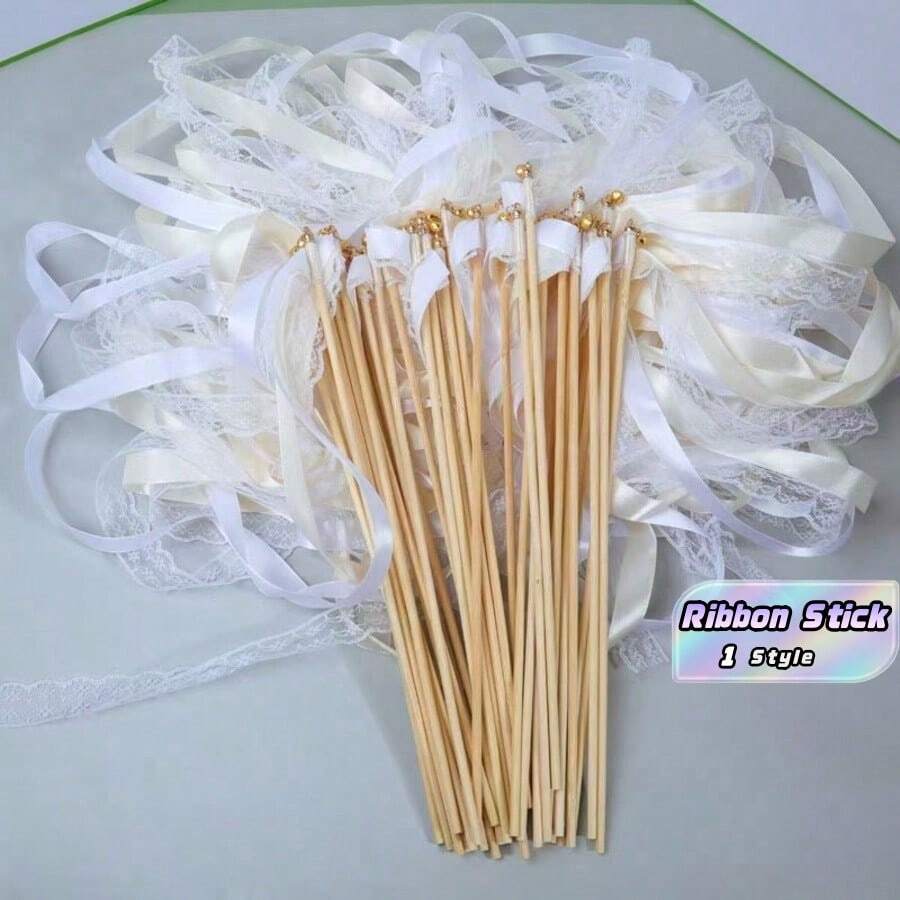50pcs White Ribbon Magic Wands, Fairy Wands WithLace, Rotating Ribbons, Golden/Silver Bells, Party CheeringProps, Wedding, Christmas Gifts