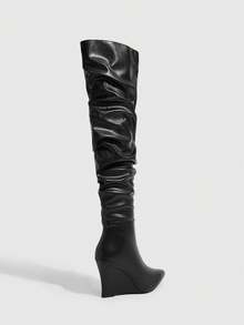 CUCCOO SZL Fashion Pointed Wedge Heel Black PU Face Ultra High Boots Big Box Pile Boots Pleated Boots Sexy Party Banquet Nightclub High Heel Ladies Over Knee Boo Fall Shoes - Black - View 3