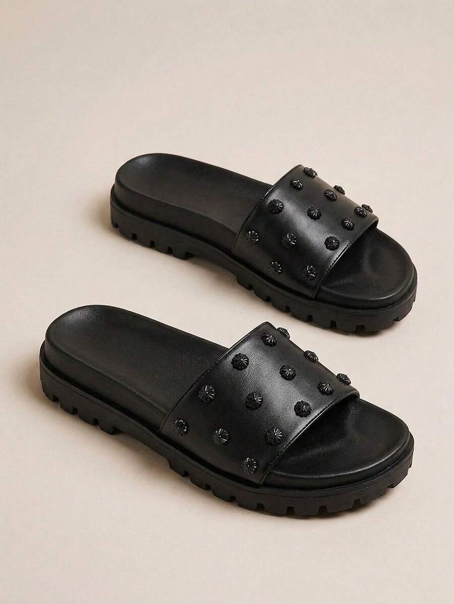 HighSole 女士夏季休闲纯色串珠平底乐福鞋 - 黑色 - 查看 1