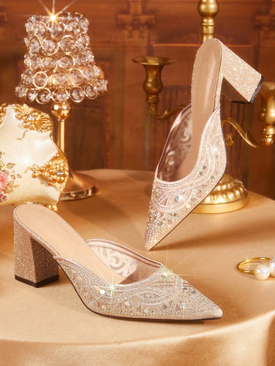 CUCCOO TILAWA Elegante spitze Damen-High-Heels aus Metall mit zarter Stickerei und Laser-Strass-Design - Champagnerfarben - Übersicht 1