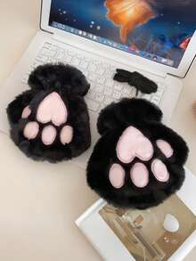 ROMWE Kawaii 1 Pair Plush Cat Paw Fingerless Gloves, Suitable For Daily Wear - Black - View 3
