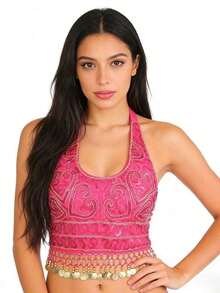 Sequin Embroidered Cropped Top Belly Dance Costume, Metal Disk Tassel Fringe Festival Outfit, Party Rave Stage Performance Wear For Women, Multicolor Options - Multicolor - View 8