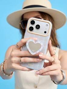ShellaStory Heart-Shaped Mirror Stand Compatible With Apple 17PM Phone Case Compatible With Iphone 16, Suitable For 15, Highly Attractive 14, Soft 17, Fresh Checkered Fashion, Personalized, Girl, Creativity, Simple Style, Fresh And Simple, Niche, Ins Style - Blue - View 2
