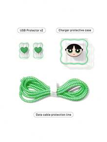 THE POWERPUFF GIRLS X SHEIN Data Cable Protector, Suitable For IPhone Charger, 4-Piece Set Of Mobile Phone Cable Protectors, Charger Protector (Excluding Data Cable) - Buttercup-Green - View 5