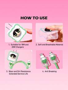 THE POWERPUFF GIRLS X SHEIN Data Cable Protector, Suitable For IPhone Charger, 4-Piece Set Of Mobile Phone Cable Protectors, Charger Protector (Excluding Data Cable) - Buttercup-Green - View 3
