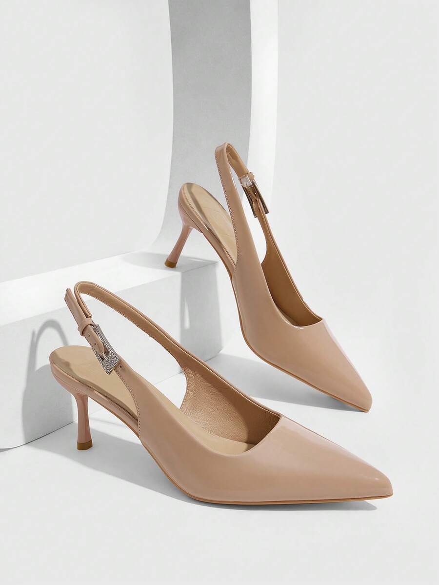 CUCCOO SZL New Fashion Pointed Toe Apricot Back Strap Rhinestone Buckle Stiletto High Heel Pumps Minimalist Commuter Sexy Party Evening Women's Shoes - Apricot~ @ - View 1