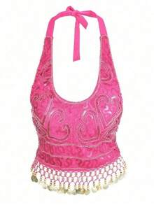 Sequin Embroidered Cropped Top Belly Dance Costume, Metal Disk Tassel Fringe Festival Outfit, Party Rave Stage Performance Wear For Women, Multicolor Options - Multicolor - View 19