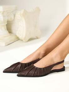 CUCCOO CHICEST Korean Gentle Style Coffee Brown Versatile Commuter Sandals Women, Niche Design Wrinkled Pointed Back Strap, Comfortable Flat-Bottomed Closed Toe Single - Coffee Brown - View 4