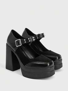 Sugerpunk Fashion Women's Platform High-Heeled Shoes, Punk Style Gothic Buckle With Inlaid Rivets Decoration, Classic Sexy Suitable For Parties, Nightclub - Dark Night - View 2