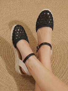 Styleloop Women's Wedges & Platform Shoes, Black Mesh Hollow Sandals, Bohemian Style, Island Vacation, Versatile For Travel And Commuting, A Must For Travel - Black - View 4