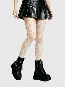 ROMWE Goth 高彈性酒紅色性感女款破洞連身褲 網襪褲襪緊身褲 - 純奶白色 - 查看 2