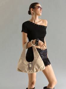Viva Strut Women's Fashion Simple Personalized Street Sweet Cool Girls Y2K Suede Retro Hardware Buckle Rivet Decorative Shoulder Bag, Daily School Shopping - Khaki - View 8
