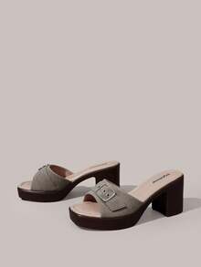 Styleloop Metal Buckle Thick Heel Mules Women, Square Toe High Heel Sandals, Retro Versatile Open-Toed Women's Shoes - Light Grey - View 9