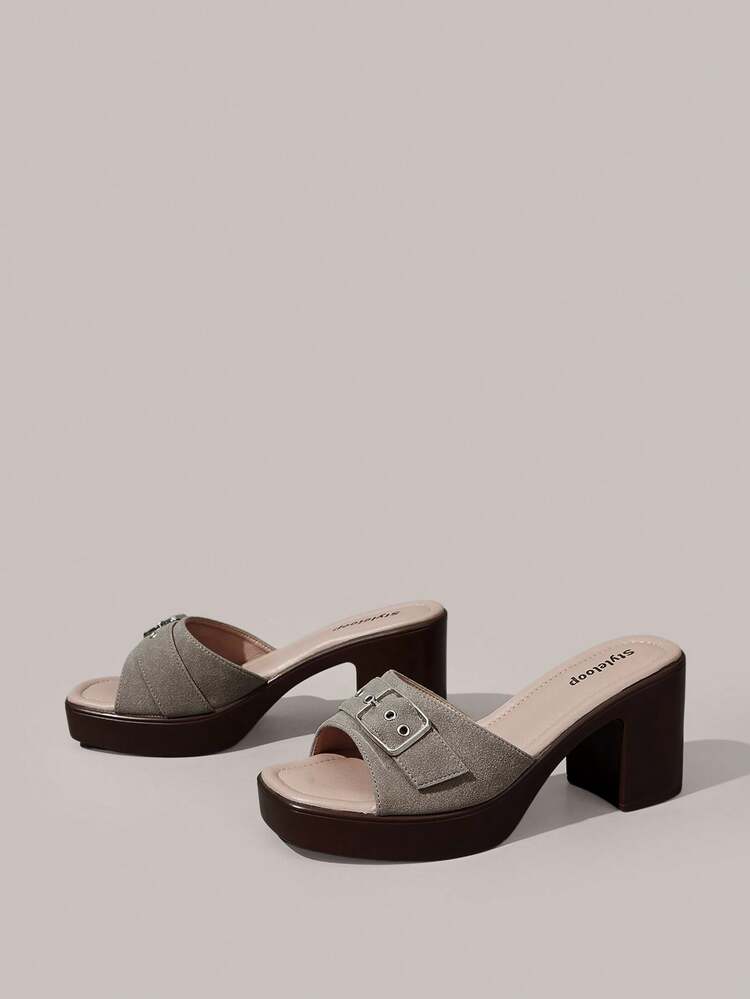 Styleloop Mules de tacón grueso con hebilla de metal para mujer, sandalias de tacón alto con punta cuadrada, zapatos de mujer retro versátiles con punta abierta - Gris Claro - Añade 9