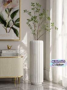 1 White Cylindrical Plastic Vase With Ceramic-Like Texture, Featuring Simple Texture Design And Serving As A Decorative Vase In Modern Nordic Style. It Boasts Geometric Textures, Minimalist Modern Design, A Non-Slip Base And An Elegant Shape - Multicolor - View 1