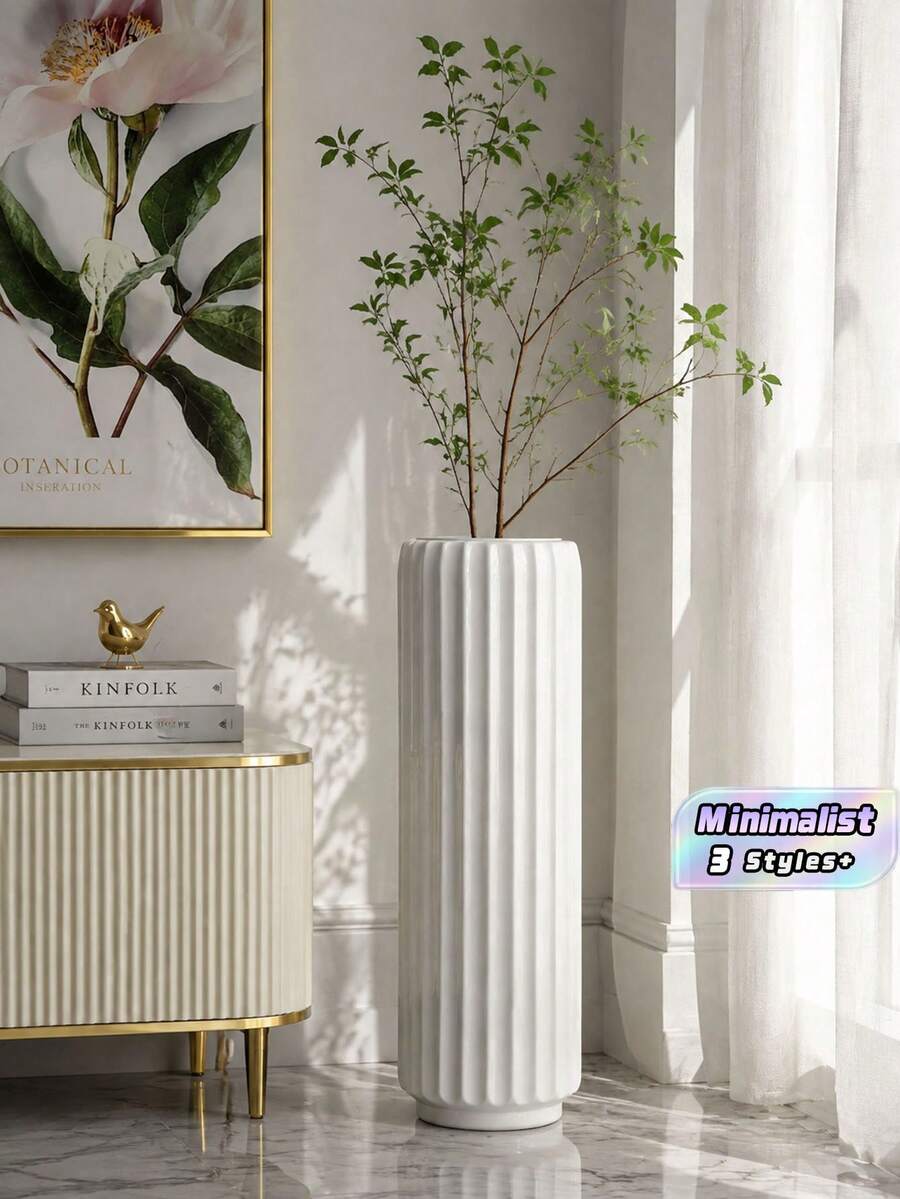 1 White Cylindrical Plastic Vase With Ceramic-Like Texture, Featuring Simple Texture Design And Serving As A Decorative Vase In Modern Nordic Style. It Boasts Geometric Textures, Minimalist Modern Design, A Non-Slip Base And An Elegant Shape - Multicolor - View 1