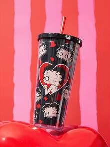 Betty Boop x SHEIN 24 Oz / 700 Ml 雷射冷感平底杯 櫻桃圖案 適合購物、辦公室冷飲、夏季飲品禮物 - 黑紅色 - 查看 1