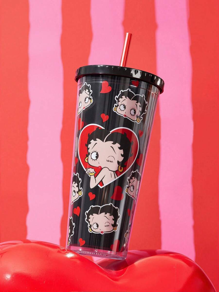 Betty Boop x SHEIN 24 Oz / 700 Ml 雷射冷感平底杯 櫻桃圖案 適合購物、辦公室冷飲、夏季飲品禮物 - 黑紅色 - 查看 1