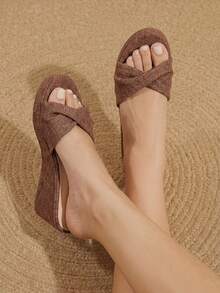 Styleloop Ladies Shoes, Linen Texture, Brown, Open-Toed, Wedge Sandals, Retro Style, Suitable For Summer French Casual Vacation Wear - Brown - View 2