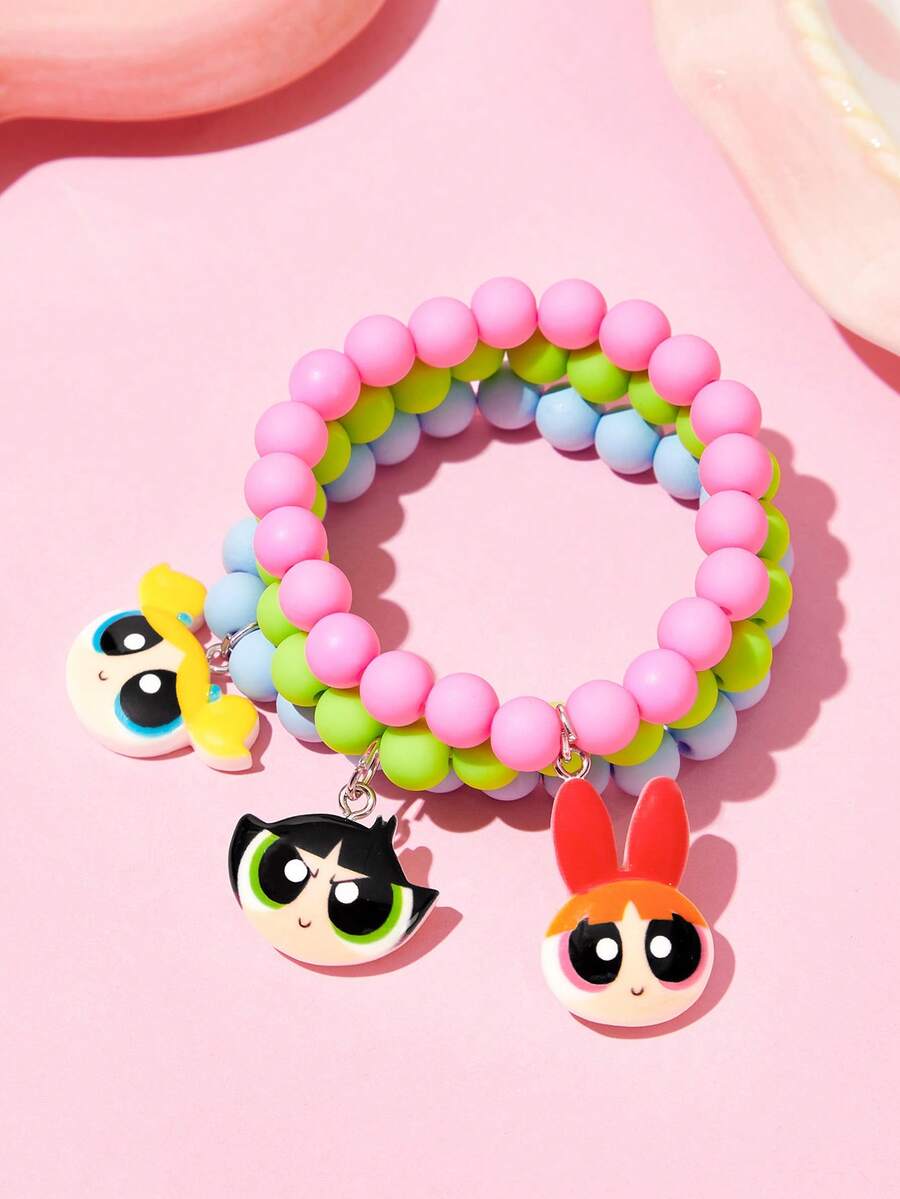 THE POWERPUFF GIRLS X SHEIN SHEIN XHello Kitty And Friends 聯名款適合女孩裝扮可愛串珠彈力手鍊 3 入組 - 彩色 - 查看 1