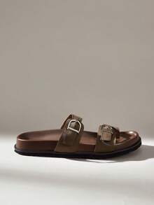 Solecia Women's Shoes Double Buckle Retro Metal Buckle Casual Retro Style Cool Slippers Daily Casual Wear - Coffee Brown - View 2