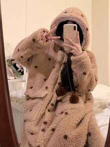 1Pc Women's Cozy Coral Fleece Hooded Robe - Warm And Soft Lounge Dress With Pockets, Machine Washable - Perfect For Fall And Winter - Multicolor - View 8