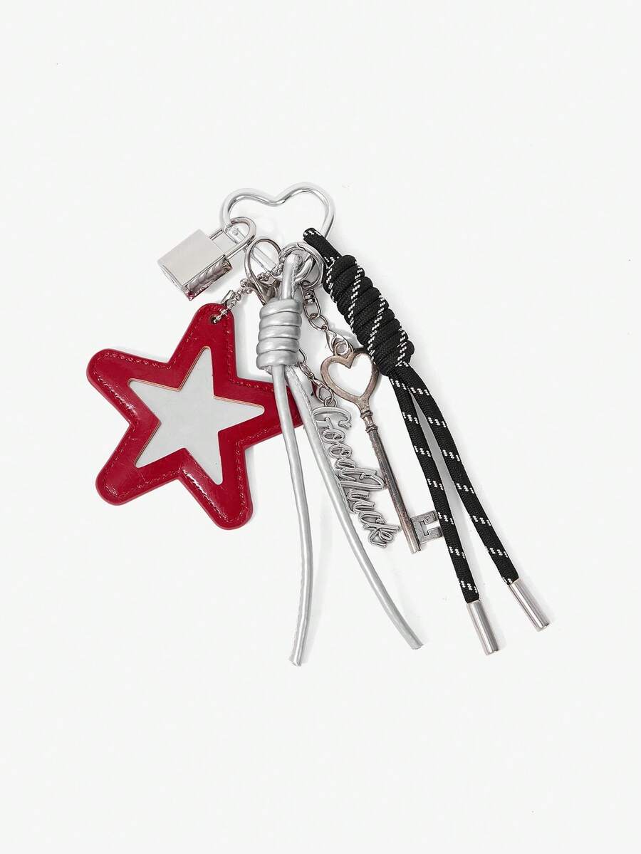 Viva Strut A Fashionable Sweet And Cool Street Red Star Mirror Love Key Metal Lock Letter Braided Rope Keychain Bag Pendant - Black - View 1