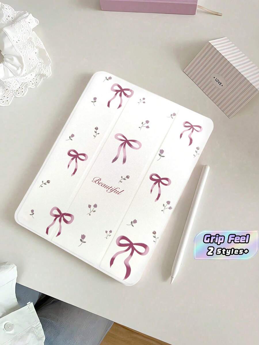 1 buah Casing Tablet Motif Bunga Pink Lucu dengan Pita dan Tempat Pena, Terbuat dari Silikon yang Dapat Dilipat, Dilengkapi Penyangga, Tahan Guncangan, dan Melindungi dari Jatuh, Penutup Lembut. - MultiWarna - View 1