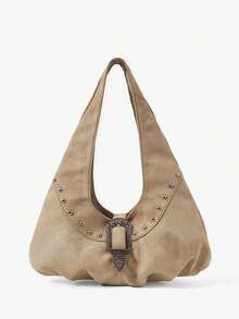Viva Strut Women's Fashion Simple Personalized Street Sweet Cool Girls Y2K Suede Retro Hardware Buckle Rivet Decorative Shoulder Bag, Daily School Shopping - Khaki - View 1