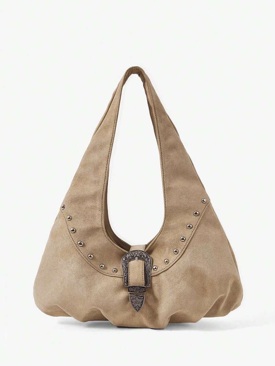 Viva Strut Women's Fashion Simple Personalized Street Sweet Cool Girls Y2K Suede Retro Hardware Buckle Rivet Decorative Shoulder Bag, Daily School Shopping - Khaki - View 1