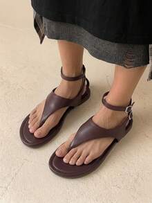 HighSole 女士搭扣设计，百搭时尚平底凉鞋 - 棕色 - 查看 6