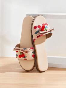 Solezae Women Cherry Fruit Print Slip-On Open Toe Everyday Summer Dreamy Cute PU Flat Sandals - Multicolor - View 7