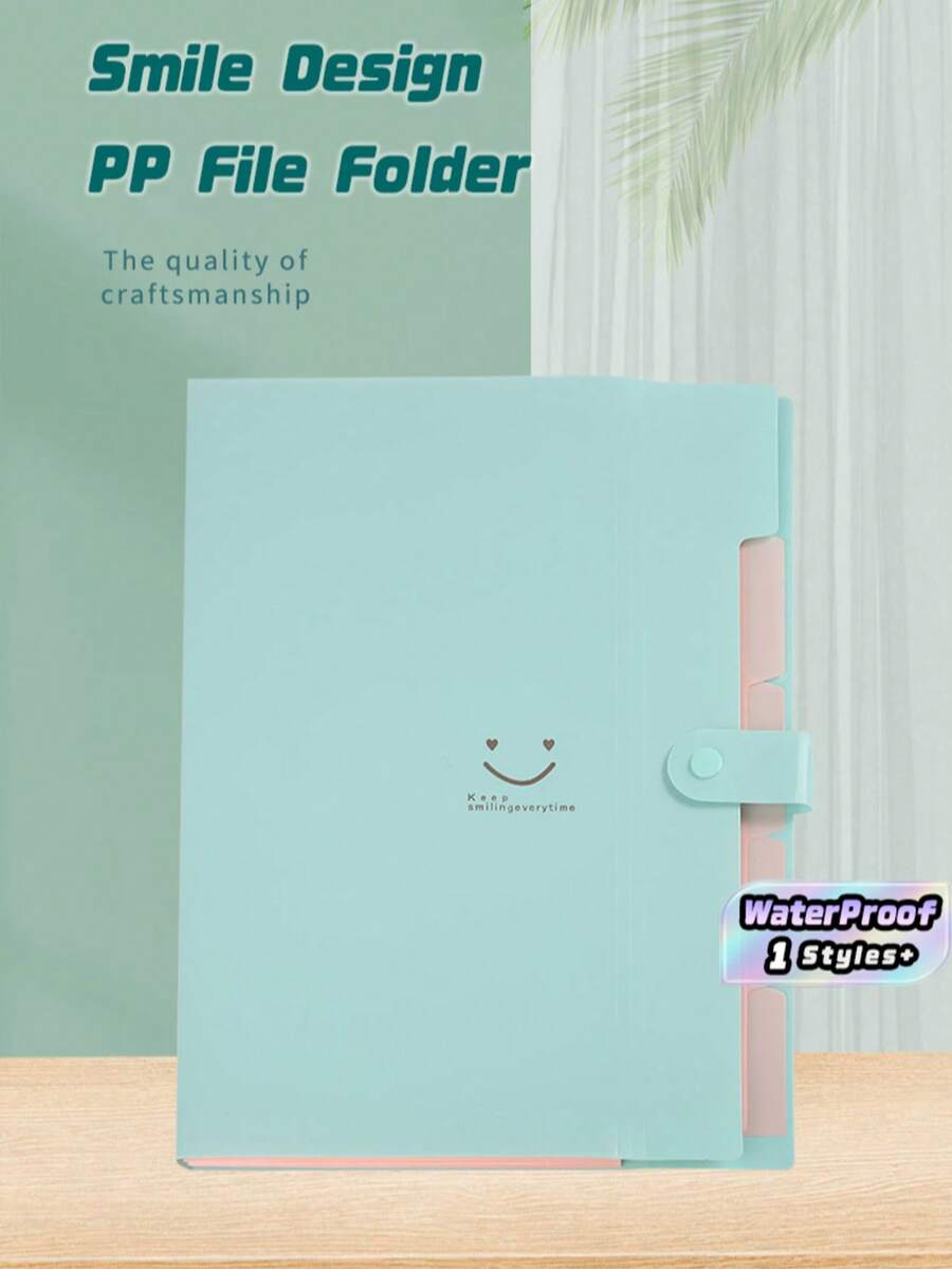 1pc,Green Smiling Face Folder Bag, Information Booklet, Simple Multi-Layer Folding Folder, Suitable For Office And School File Storage, A Must-Have Item For The School Season, Applicable To Stationery Products - Mint Green - View 1