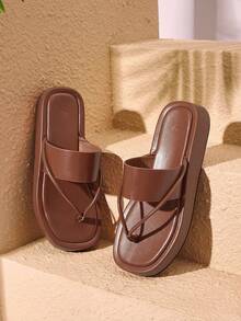 HighSole Women's Minimalist Strap Design Square Toe Platform Slip-On Sandals, Brown, Soft & Comfortable, Non-Slip, Suitable For Casual, Commuting, Shopping, Beach, Vacation, Versatile Summer Outfit Summer Shoes - Brown - View 5