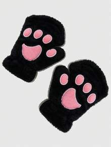 ROMWE Kawaii 1 Pair Cute Plush Cat Paw Fingerless Gloves - Black - View 5