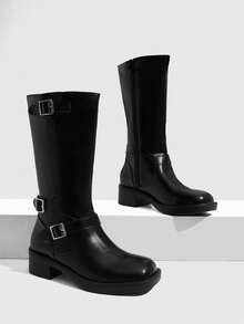 Daringsoles British Punk Belt Buckle Side Zip Mid Boots Fall Shoes - Black 1 - View 6