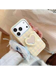 ShellaStory Heart-Shaped Mirror Stand Compatible With Apple 17PM Phone Case Compatible With Iphone 16, Suitable For 15, High-Appearance 14, Soft 17, Fresh Checkered Fashion, Personalized, Girl, Creativity, Simple Style, Fresh And Simple, Niche, Ins Style - Yellow - View 4