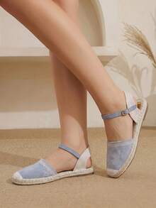 Styleloop Ladies Blue Bohemian Vacation Embroidered Strap Hemp Rope Flat Shoes - Blue - View 8