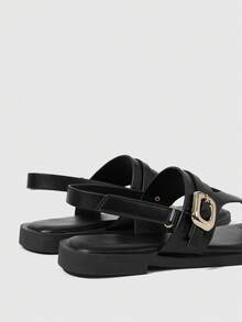 HighSole 女款方頭圓趾純色扣飾通勤職場百搭平底涼鞋，舒適一腳蹬 - 黑色 - 查看 4