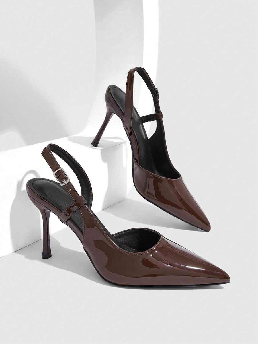 CUCCOO SZL Sepatu Stiletto Wanita Modis Musim Semi dan Musim Panas Warna Cokelat Kopi Mengkilap Bahan PU dengan Ujung Lancip dan Tali Belakang - Coffee Brown - View 1