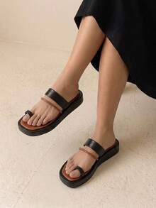 HighSole Women Shoes Color Matching Toe Ring Design Open Toe Thick Sole Flat Heel Simple Elegant Fashion Versatile   Women Sandals Slippers Commuting Shopping Vacation Wear Summer - Black brown - View 7