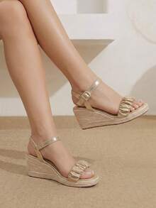 Styleloop Ladies Braided Rope Bottom Wedge Sandals Vacation Style Bohemian Fashion Vintage American Western Music Festival Party Dress Suitable For Christmas Va - Light gold - View 2